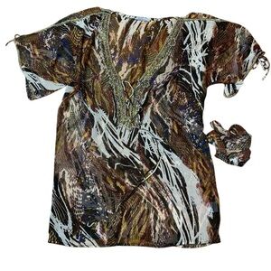 Solitaire Boho Beaded Animal Print Tunic Top Kaftan Large
